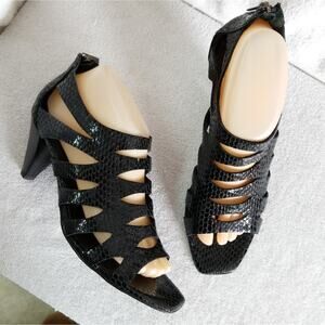 Aquatalia snakeskin patent leather cutout sandals